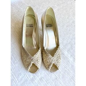 Stuart Weitzman Gold Lace Peep Toe Women Ladies Formal Shoe Size 6